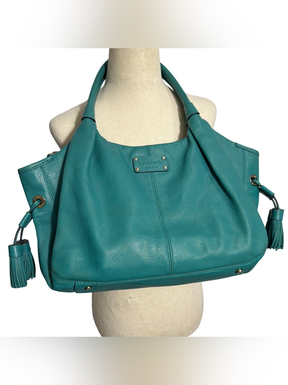 Kate Spade โข Stevie Leather Hobo Shoulder Bag Turquoise Blue Tassels - Picture 3 of 15